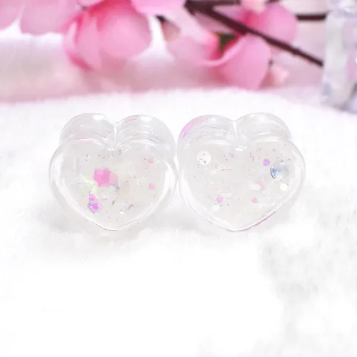 Vista 7 de 6 unids3 pares brillando Paillette en forma de corazón medidores de oreja túneles y enchufe acrílico dilatador de oreja Stud estirando
