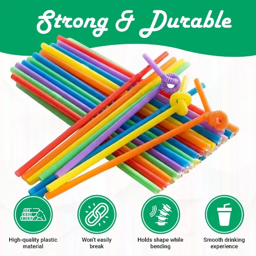 Vista 3 de Concession Essentials Surtido de pajitas de plástico flexibles artísticas de 10 pulgadas – 200 popotes de colores envueltos en neón flexibles