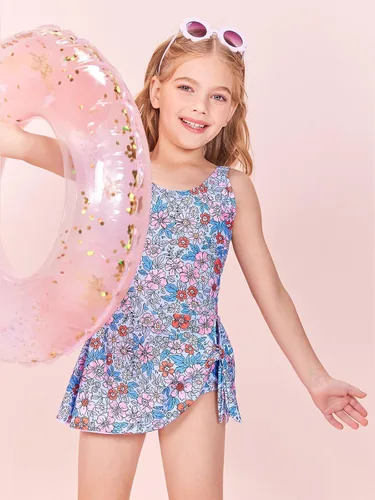 Vista 4 de Conjunto de traje de baño tankini para niñas, de dos piezas, estampado y parte inferior de bikini de 5 a 14 años