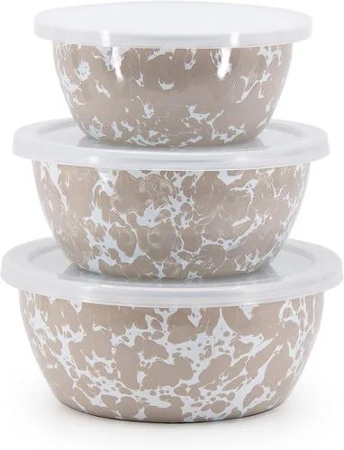 Vista 8 de Golden Rabbit Enamelware - Cuencos de almacenamiento anidables con tapas, juego de 3, camuflaje Mixing, Serving & Storage Bowls, Carbon Steel Core