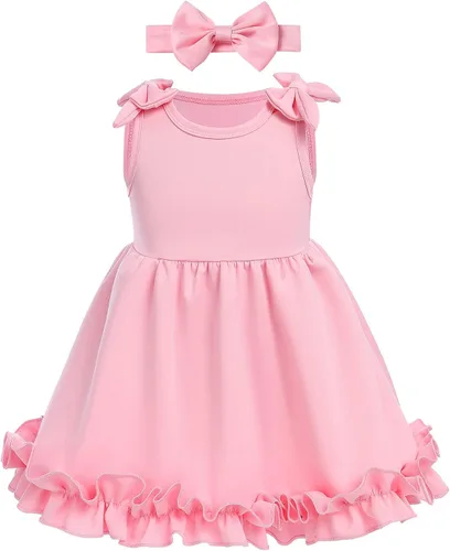 Vista 3 de Baby Girl Tutu Dress Summer Sleeveless Ruffle Princess Birthday Party Dresses Flower Bowknot Sundress with Headband Set