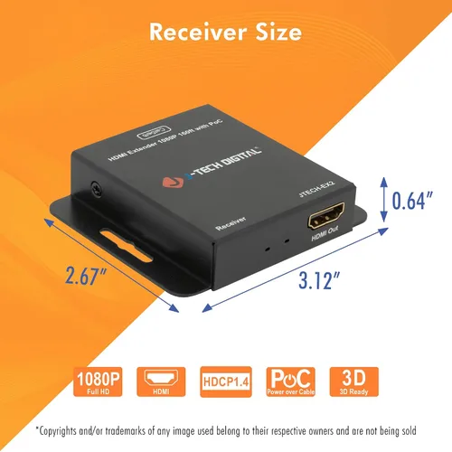 Vista 9 de J-Tech Digital Extensor HDMI a través de Ethernet único Cat5e/6/7 1080P hasta 1080P 160 pies Soporte PoC 3D Audio Digital, funciona con computadora