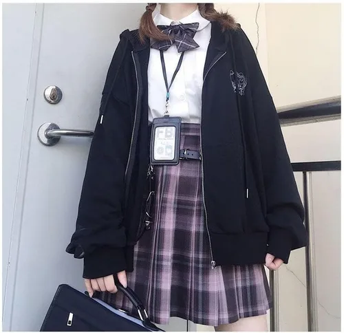 Vista 4 de Preppy Y2k Zip Up Hooded Sweatshirts for Women Aesthetic Graphic Oversized Hoodies Kawaii Cutecore Long Sleeve Clothes