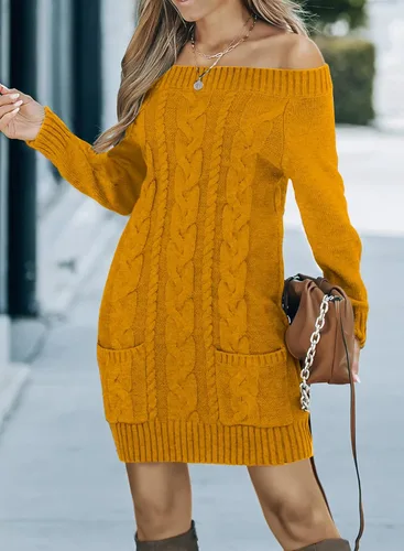 Vista 4 de AZOKOE Vestido de suéter ajustado con hombros descubiertos para mujer, suéter largo de punto