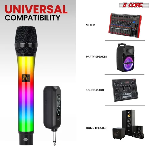 Vista 8 de 5 CORE Micrófonos inalámbricos, par de karaoke con luces LED brillantes, recargable, portátil, de largo alcance, micrófonos dinámicos de mano