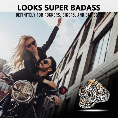 Vista 5 de LAOYOU Sugar Skull Rings for Men Women, Stainless Steel Day of the Dead Mens Jewelry, Cool Biker Gothic Ring Christmas halloween Gifts