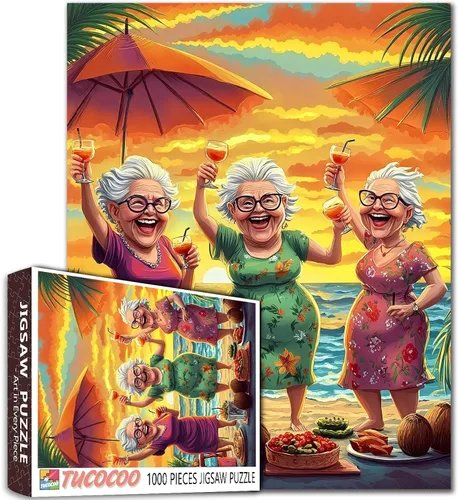 Vista 19 de Rompecabezas de mujer vieja de 1000 piezas para adultos, familias (niña, dama, pizza, naipe, vino tinto, amigas) piezas que encajan perfectamente