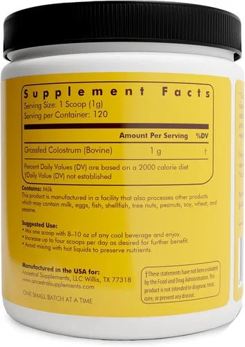 Vista 2 de Ancestral Supplements Polvo de Calostro Bovino - Alimentado con Hierba, Liofilizado, Apoyo Inmunológico y Salud Intestinal, 120 Porciones