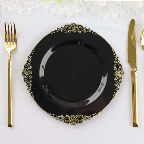 Vista 6 de Efavormart - Paquete de 10 platos de postre barrocos negros y dorados de 8 pulgadas, platos de aperitivo resistentes con borde metálico en relieve