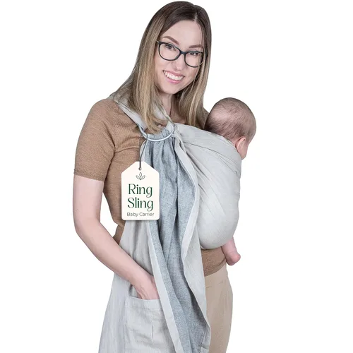 Vista 19 de Portabebés con Eslinga de Anillo - Probado en Laboratorio de EE. UU., 100% Algodón Muslin Natural, Eslinga de Anillo transpirable y ergonómica Beige