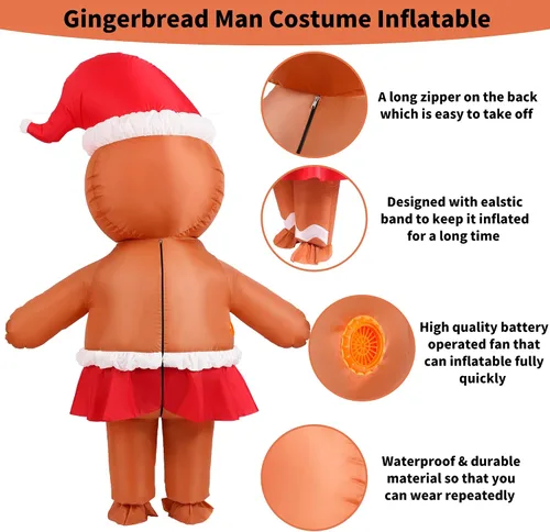 Vista 4 de ADOMI Disfraz de hombre de jengibre inflable para adultos, disfraz divertido para mujer, Halloween, Navidad, cosplay, fiesta, traje inflable