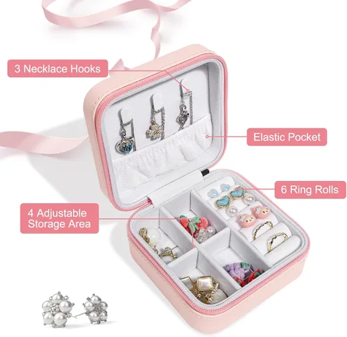 Vista 2 de Joyero de viaje, pequeño organizador de joyas de viaje, joyero portátil, mini organizador de almacenamiento, caja de almacenamiento portátil
