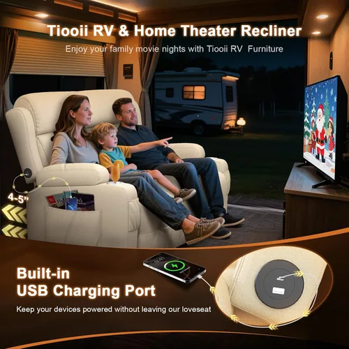 Vista 5 de Sofá reclinable de dos plazas para cine en casa, sofá reclinable de pared con USB, portavasos, sillón reclinable de tela de guijarros, sofá cama