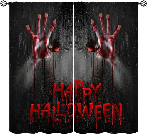 Vista 26 de Cortinas de Halloween con diseño de bosque gótico rojo, cruz gótica, Halloween, festividades, festival, tratamiento de ventana para sala de estar