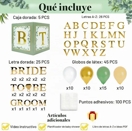 Vista 3 de 101 piezas de decoración de despedida de soltera de vegetación, cajas de globos doradas, bloques con BRIDE TO BE + GROOM + letras A - Z y 40 globos