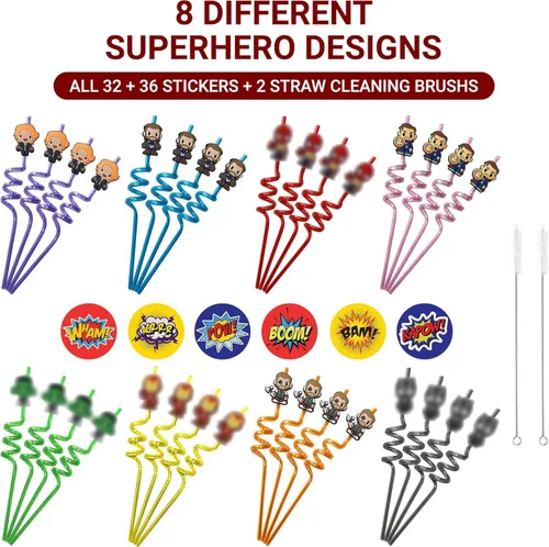 Vista 3 de 32 popotes reutilizables de superhéroes para recuerdos de fiesta de niños con calcomanías 32 PCS Includes 8 Reusable Straw Designs, 36 Stickers