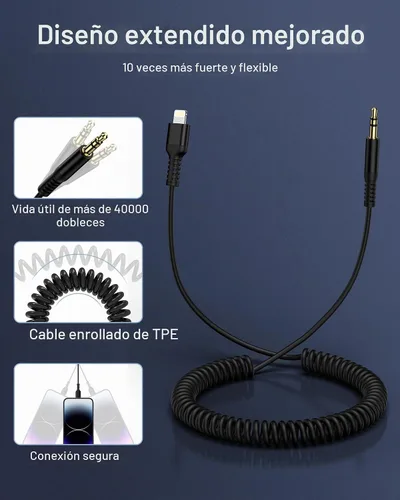Vista 6 de Cable auxiliar para iPhone, cable de audio Lightning de 3.5mm con espiral, cable auxiliar macho certificado MFi de Apple para iPhone 14 Pro Max 13