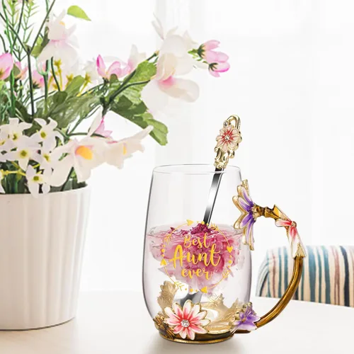 Vista 3 de OEAGO Regalos para tía de sobrina y sobrino Taza de té Regalo genial de cumpleaños Esmalte Flores Vasos de vidrio Tazas de Navidad Día de las Madres