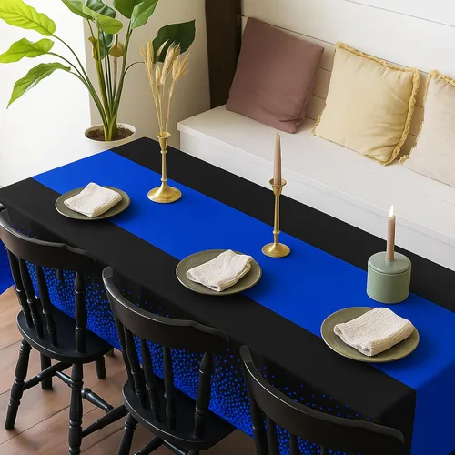 Vista 4 de Manteles de plástico desechables 2 en 1 de 54 x 108 pulgadas, mantel rectangular de cocina con lunares negros y azules, para boda, cumpleaños, baby
