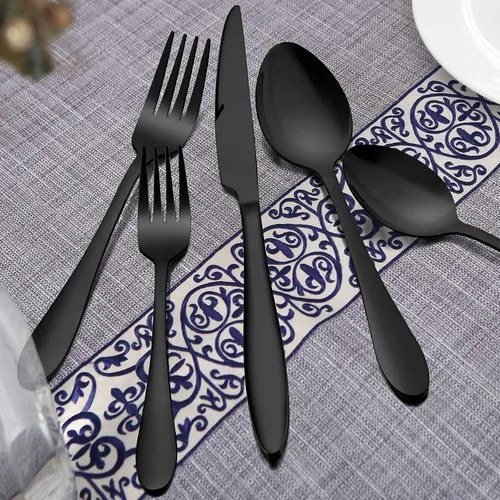 Vista 4 de LIANYU Juego de cubiertos negros de 40 piezas para 8, cubiertos de acero inoxidable, utensilios de cocina que incluyen tenedores, cuchillos