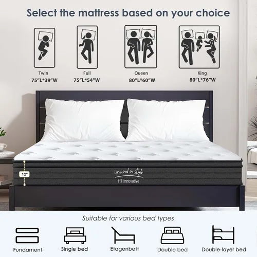 Vista 5 de Colchón híbrido tamaño matrimonial, colchón híbrido de 8 pulgadas en una caja, espuma viscoelástica y resortes individuales embolsados, resortes