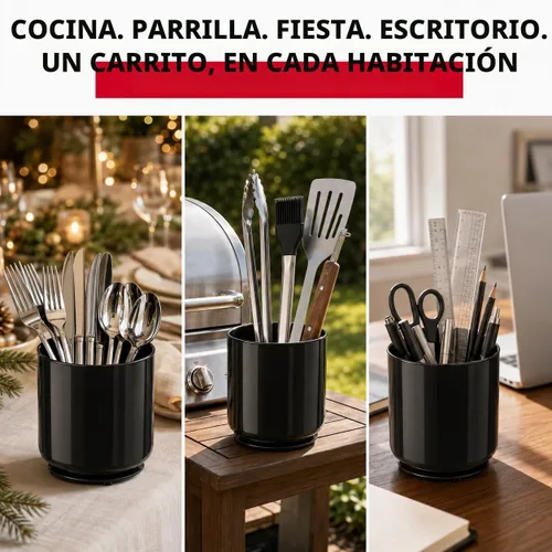 Vista 8 de Cooler Kitchen Portautensilios Jumbo Extra Grande Resistente Giratorio Negro con Base Pesada Antivuelco e Inserto con Agarre - A Prueba de Óxido