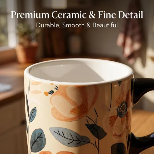 Vista 4 de Topadorn Taza de viaje de cerámica de 17 onzas con tapa y asa, taza de café floral bohemio, taza de porcelana apta para microondas y lavavajillas