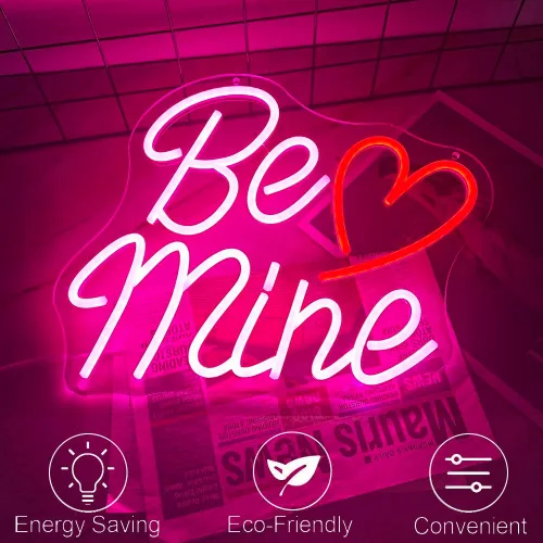 Vista 4 de Letrero de neón con forma de corazón de San Valentín con texto en inglés «Be Mine», 14.2 x 11.4 pulgadas, decoración de San Valentín, letrero