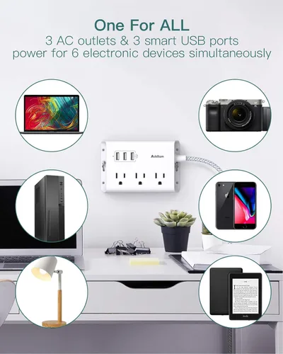 Vista 2 de Regleta protectora de sobretensiones, 8 tomas amplias con 4 puertos USB (1 toma USB C) y 3 salidas con 3 puertos USB, cable de extensión de enchufe