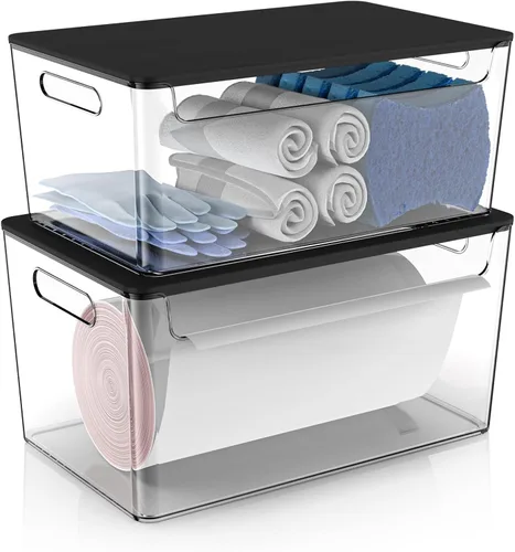 Vista 8 de COAZEX Paquete de 2 soportes para bolsas de basura apilables debajo del fregadero, dispensador de basura de plástico con tapa, dispensador