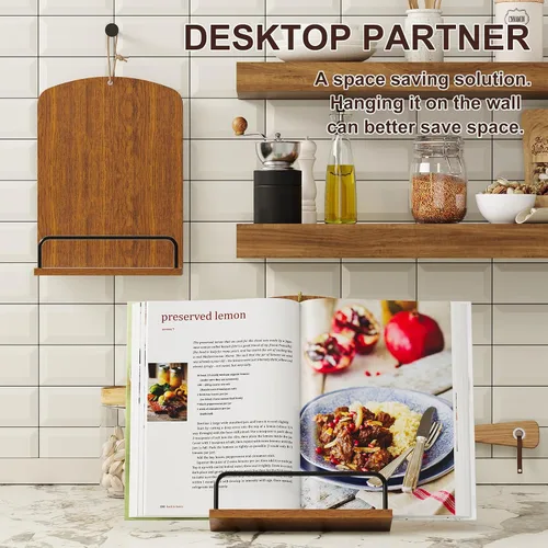 Vista 2 de Soporte de madera para encimera de cocina, soporte para libros de cocina marrón rústico que se adapta a exhibición colgante o de encimera, soporte