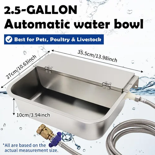 Vista 2 de Dispensador automático de agua para perros de 2.5 galones, acero inoxidable 304 con sistema de drenaje + manguera de 6.56 pies + válvula
