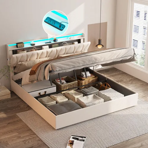 Vista 17 de Fameill - Base de cama tamaño matrimonial con plataforma de almacenamiento abatible, cabecero con altura ajustable y estación de carga, cama