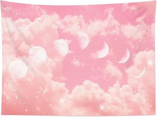 Vista 5 de LB Tapiz de fase lunar de nube rosa, nube pastel rosa y blanca con fase lunar para dormitorio, tapiz colgante de pared de paisaje natural, arte