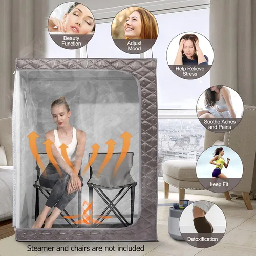 Vista 5 de Smartmak Sauna de vapor de tamaño completo, para una o dos personas, spa en casa de gran espacio, vaporizador de 4 litros y 2 sillas incluidas, gris