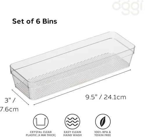 Vista 2 de Oggi Organizador de cajones transparente, 3 x 9.5 pulgadas (juego de 6), ideal para organizar cajones de cocina, oficina, escritorio, cubiertos