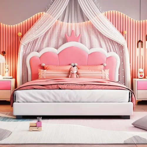 Vista 10 de Cama tapizada con diseño de arcoíris, cama de plataforma de princesa de terciopelo con cajón de almacenamiento, para niños, adolescentes, niños