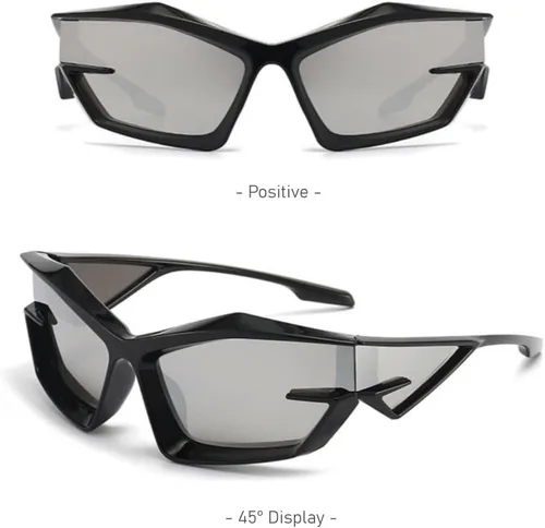 Vista 5 de Cool Futuristic Y2K - Gafas de sol para hombres y mujeres, deportes envolventes alrededor del escudo de ojo de gato, lentes de sol espaciales