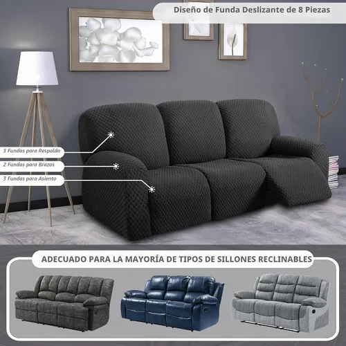 Vista 5 de ULTICOR - Juego de 8 fundas para sofá reclinable, fundas de sofá de punto jacquard elásticas para 3 cojines, fundas de sofá reclinable gruesas, Negro