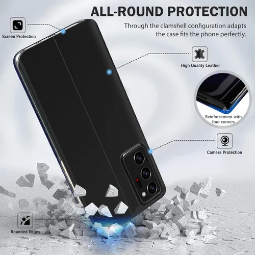Vista 2 de Funda de cuero transparente para Samsung Galaxy Note 20 Ultra 5G para Samsung Note 20 Ultra, espejo delgado, PC duro, función atril de lujo, a Negro
