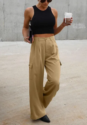 Vista 4 de Dokotoo Pantalones cargo de cintura alta y pierna ancha para mujer, holgados, informales, de combate, militares, con 4 bolsillos