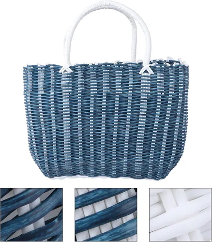 Vista 8 de Bolsa de plástico tejida para el mercado, bolsa de compras reutilizable con asa, bolsas de frutas y verduras, bolsa de playa grande para el hogar