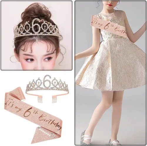 Vista 6 de Juego de banda y tiara de 6º cumpleaños, corona de banda de cumpleaños de oro rosa, suministros para fiesta de cumpleaños