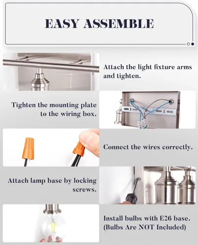 Vista 7 de Lámpara de tocador de 3 luces, moderna lámpara de pared de níquel cepillado, iluminación industrial de pared de tocador de baño para espejo, base