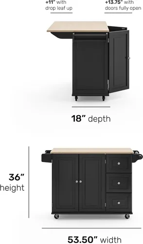Vista 2 de Homestyles Dolly Madison Carrito de Isla de Cocina Móvil Negro con Barra de Desayuno de Hoja Plegable de Madera