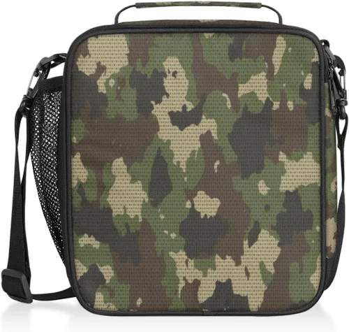 Vista 9 de Pardick Lonchera con aislamiento de camuflaje para niños y estudiantes, lonchera con soporte para comidas, color verde camuflaje, bolsa térmica