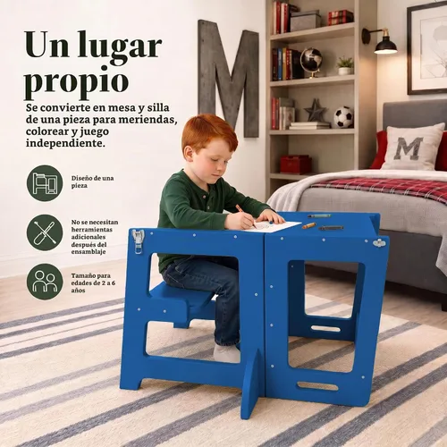 Vista 3 de Avenlur Date 4 en 1 Montessori - Taburete plegable de aprendizaje, escritorio, silla y pizarra Madera maciza, extra estable, rieles de seguridad