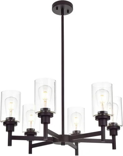 Vista 9 de Lámpara de araña de cristal de 4 luces estilo granja, negra, para cocina, iluminación colgante con cilindro de cristal transparente para comedor