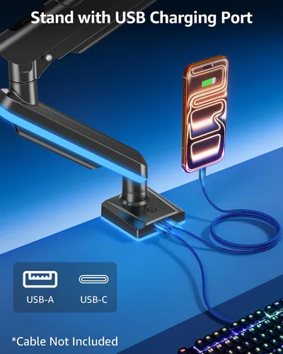 Vista 8 de MOUNTUP Brazo de monitor único RGB para 32, 27, 24, 22 pulgadas, soporta pantallas de 4.4 a 22 libras, soporte de monitor para escritorio con luces