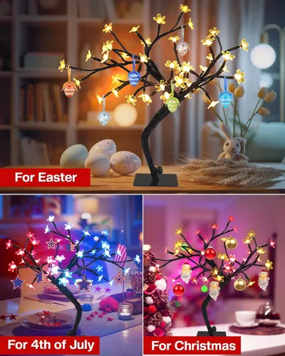 Vista 2 de Lámpara LED inteligente RGB con diseño de árbol de cerezo, bonsái iluminado por USB de 16 pulgadas para escritorio, temporizador de sincronización